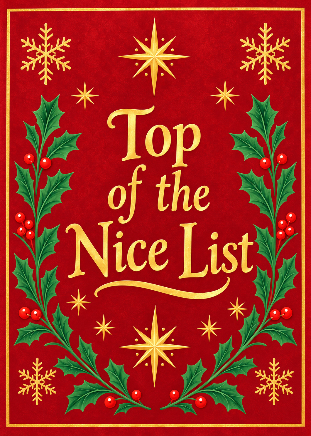 Red Top of the Nice List label with gold lettering, stars, snowflakes, and green holly, matching the gift bag in the books.