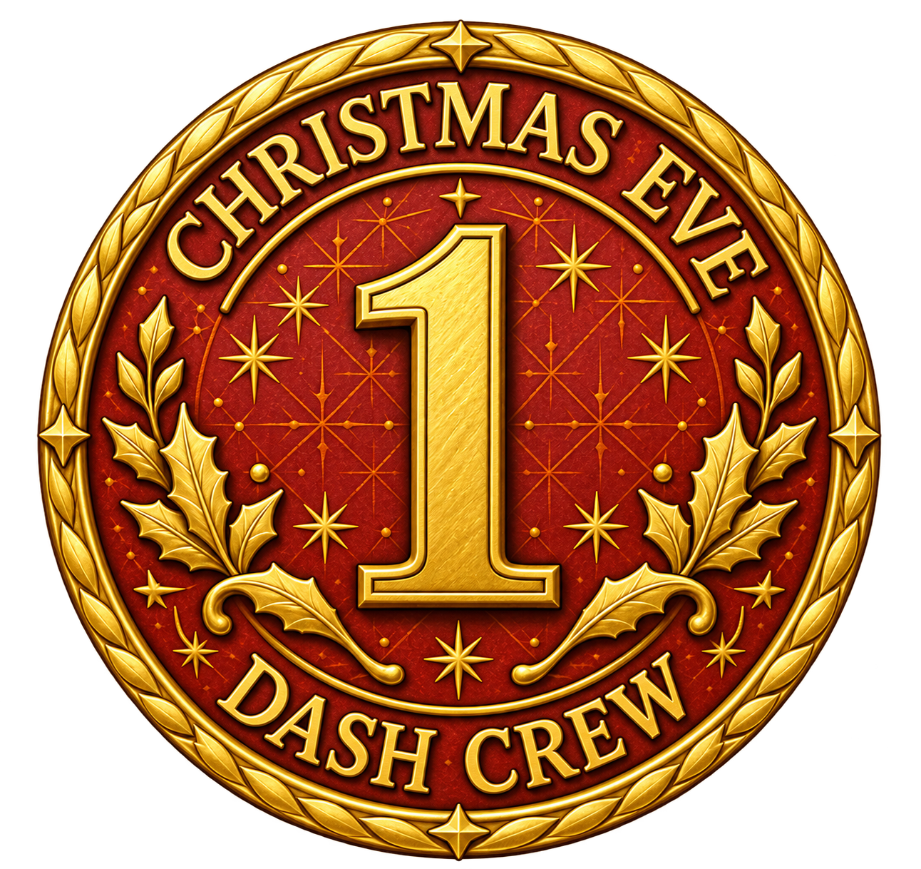 Round red-and-gold Christmas Eve Dash Crew medallion, number one.